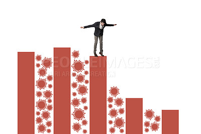 Buy stock photo Shot of a businessman balancing on top of a graph against a white background