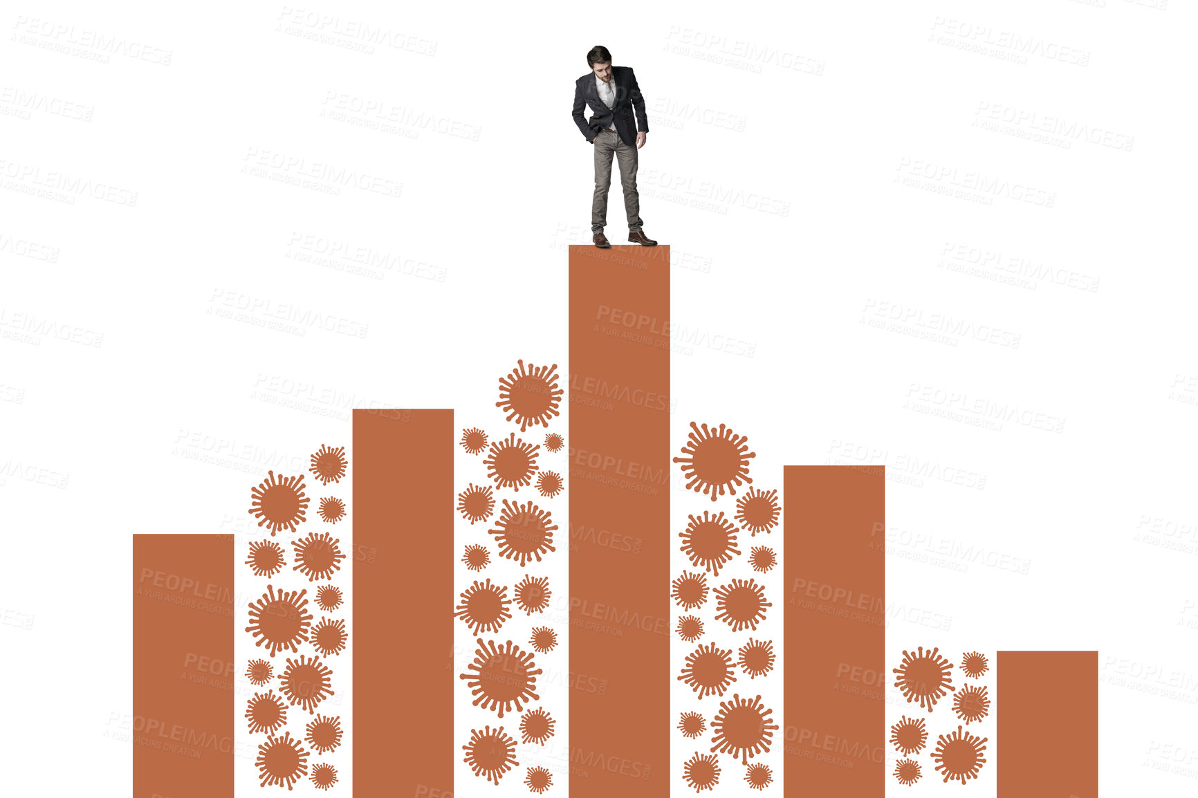 Buy stock photo Shot of a businessman balancing on top of a graph against a white background