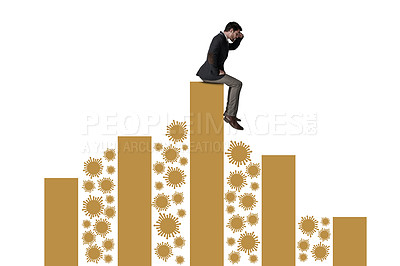 Buy stock photo Shot of a businessman balancing on top of a graph against a white background