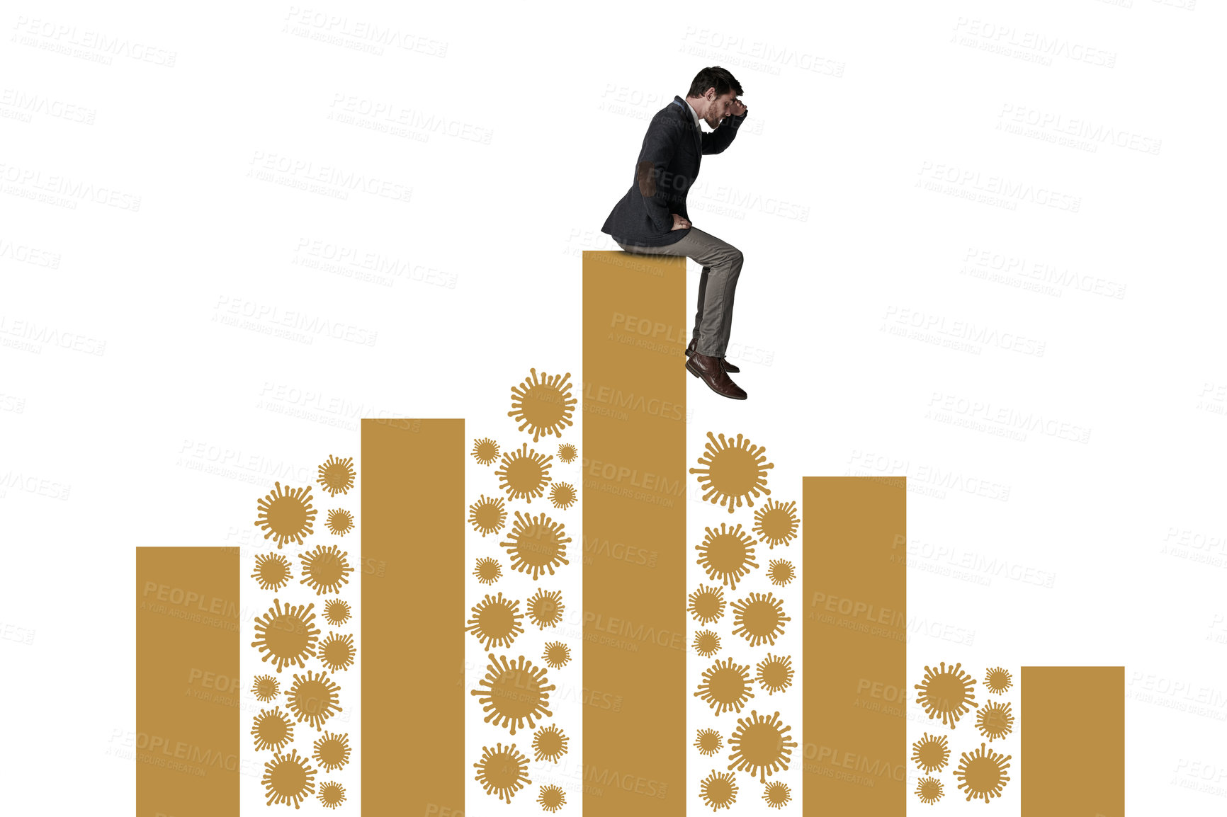 Buy stock photo Shot of a businessman balancing on top of a graph against a white background