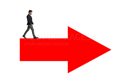 Buy stock photo Shot of a businessman waking across a red arrow against a white background