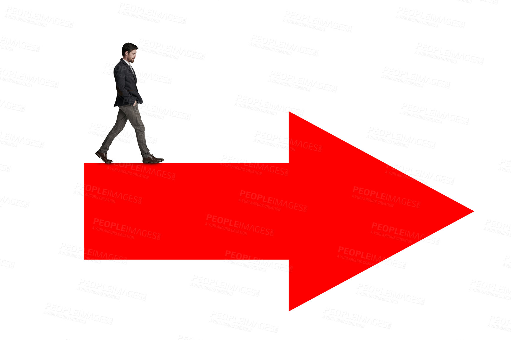 Buy stock photo Shot of a businessman waking across a red arrow against a white background