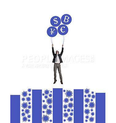 Buy stock photo Shot of a businessman holding on to a bunch of cryptocurrency balloons on top of a viral graph against a white background