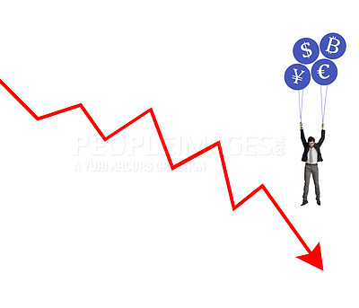 Buy stock photo Shot of a businessman holding on to a bunch of cryptocurrency balloons on top of a graph against a white background