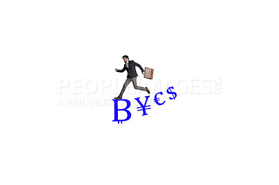 Buy stock photo Shot of a businessman carrying a bag and running above a financial symbols against a white background