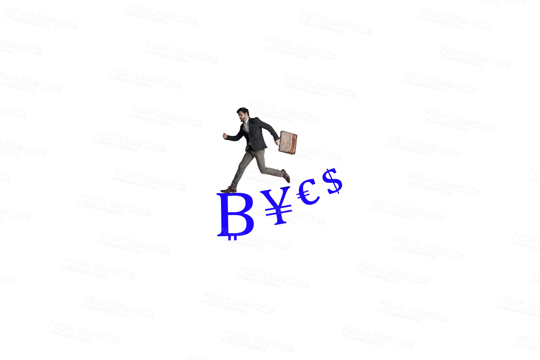 Buy stock photo Shot of a businessman carrying a bag and running above a financial symbols against a white background