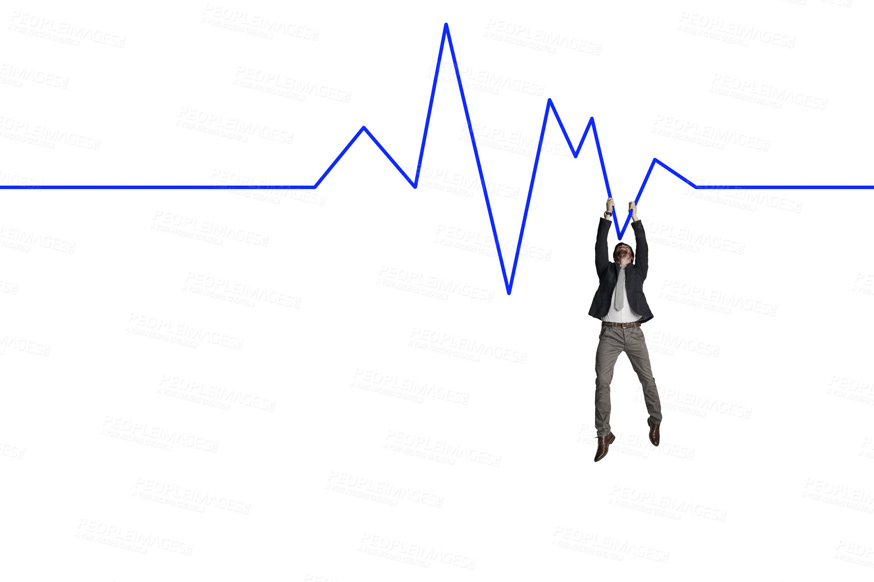Buy stock photo Shot of a businessman hanging onto a graph against a white background