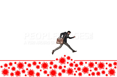 Buy stock photo Shot of a businessman carrying a bag and running above a virus against a white background