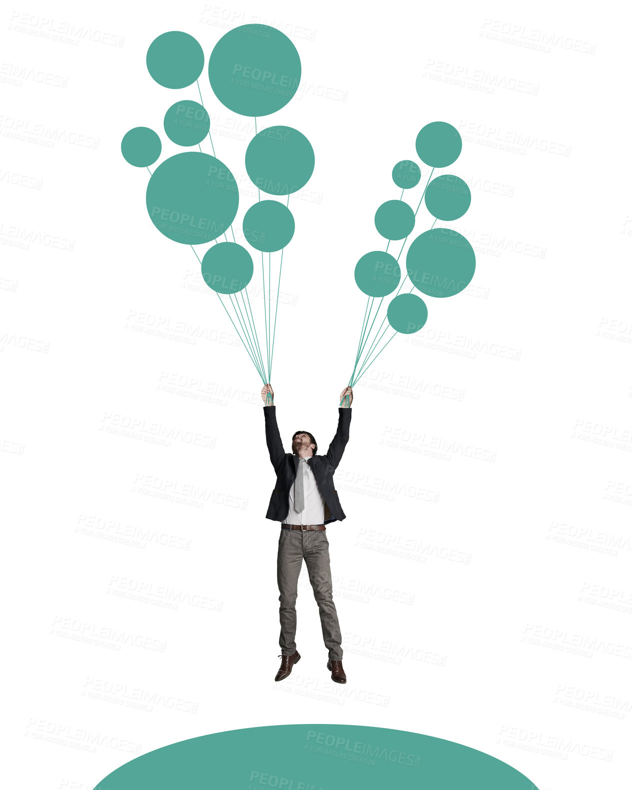 Buy stock photo Shot of a businessman holding on to a bunch of balloons  against a white background