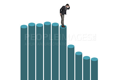 Buy stock photo Shot of a businessman balancing on top of a graph against a white background