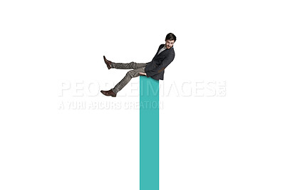 Buy stock photo Shot of a businessman balancing on top of a graph against a white background