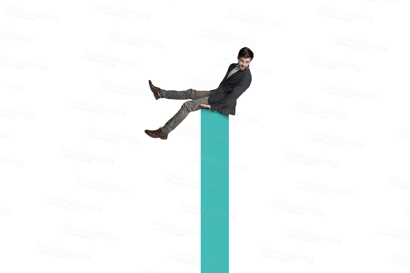 Buy stock photo Shot of a businessman balancing on top of a graph against a white background