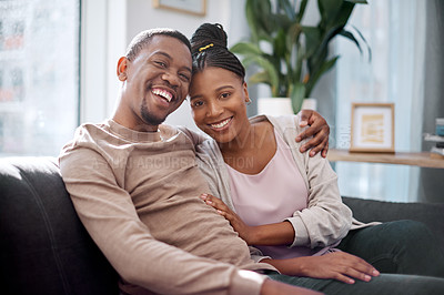 Buy stock photo Black couple, hug and portrait smile on sofa in relax for relationship bonding together at home. African American man and woman smiling in joyful happiness for quality free time on living room couch