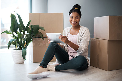 Buy stock photo Woman, moving and tablet of black person with new home and real estate property happy. Portrait of house box with female on web, internet and online ecommerce online shopping for furniture with wifi