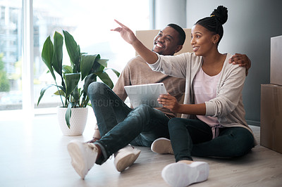 Buy stock photo Black couple, tablet and new home or property real estate with boxes, planning home interior and online web search. Homeowners, african man and woman happy in new house or apartment online shopping 