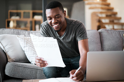 Buy stock photo Finance, budget and black man with a laptop for investment, insurance and savings for small business on the sofa. Planning, writing and happy business owner with documents for taxes with a pc