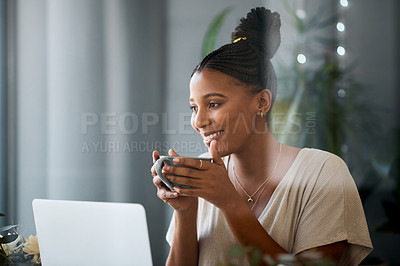 Buy stock photo Coffee, laptop and black women relax in a living room, drinking coffee and watching internet show. Tea, online show  tv show and black woman enjoy day off, weekend and streaming entertainment mockup