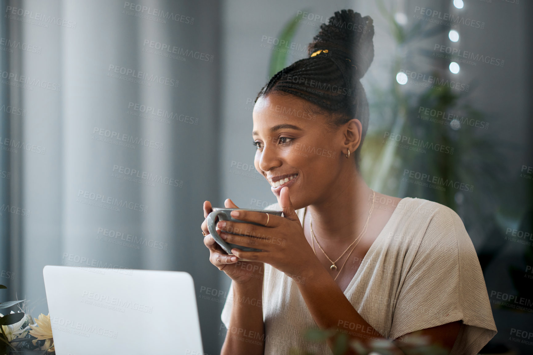 Buy stock photo Coffee, laptop and black women relax in a living room, drinking coffee and watching internet show. Tea, online show  tv show and black woman enjoy day off, weekend and streaming entertainment mockup