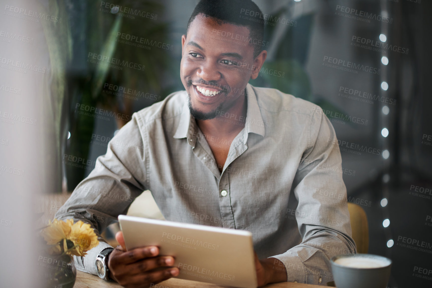 Buy stock photo Black man, tablet and happy at coffee shop for social media marketing, communication app or web. Man, cafe and mobile technology for social network, planning schedule or internet research at table