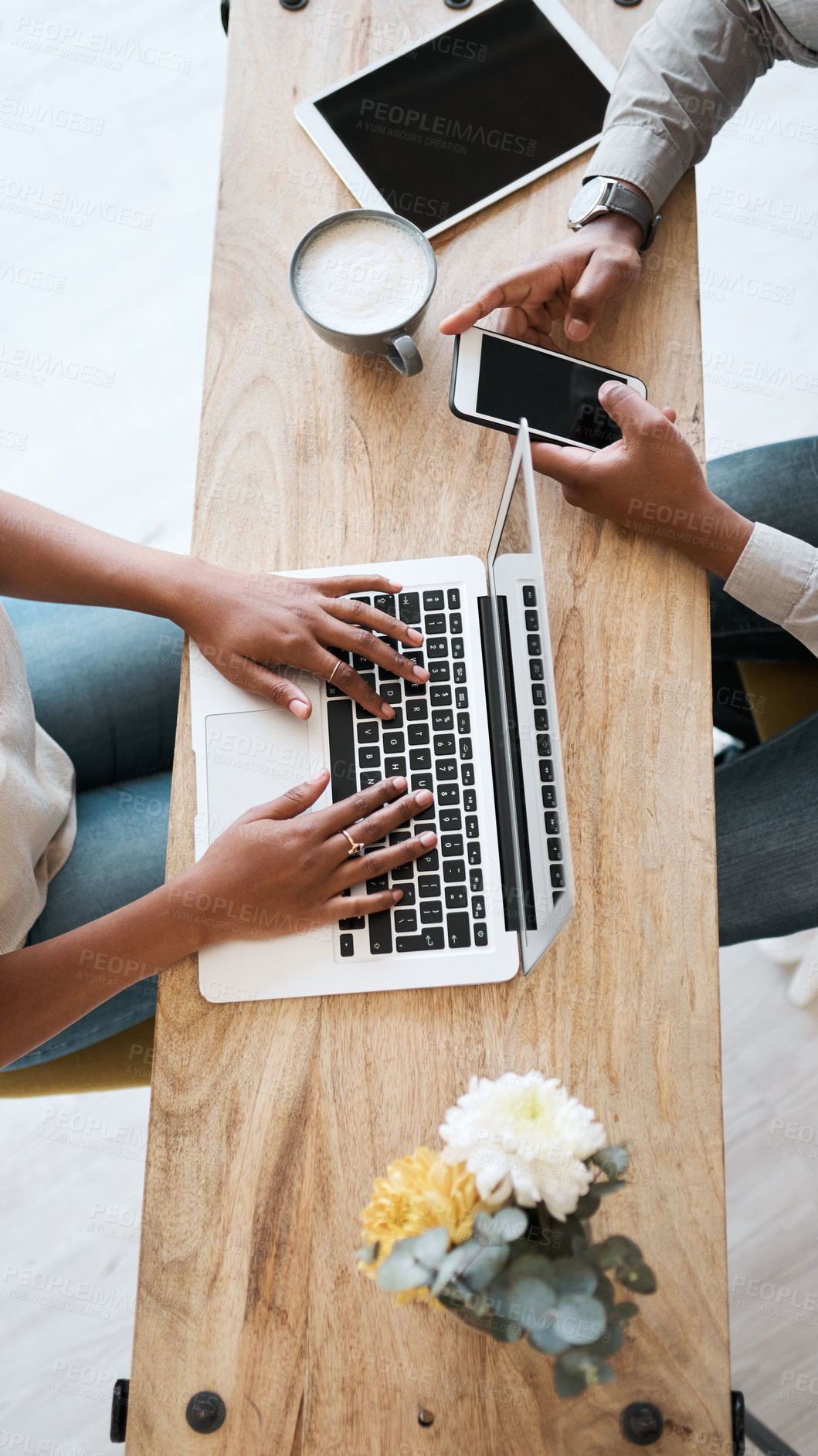 Buy stock photo Cafe, laptop and phone with a business team remote working together in a coffee shop from above. Computer, mobile and marketing with a freelance man and woman at work in a restaurant or internet cafe