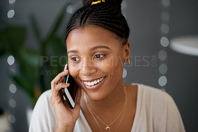 Buy stock photo Black woman, phone call and talking with smile, communication and happy. Young female, smartphone and girl conversation, speaking and happiness with discussion, relax and content with confidence.