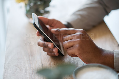 Buy stock photo Hand, table and phone with a man browsing the internet online ot texting a mobile contact while relaxing. Hands, cellphone and african american male scrolling social media or searching for wifi meme