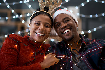 Buy stock photo Black couple, Christmas and portrait smile for happy relationship bonding during festive season in the outdoors. Man and woman hug, smiling and enjoying quality time in celebration with city lights