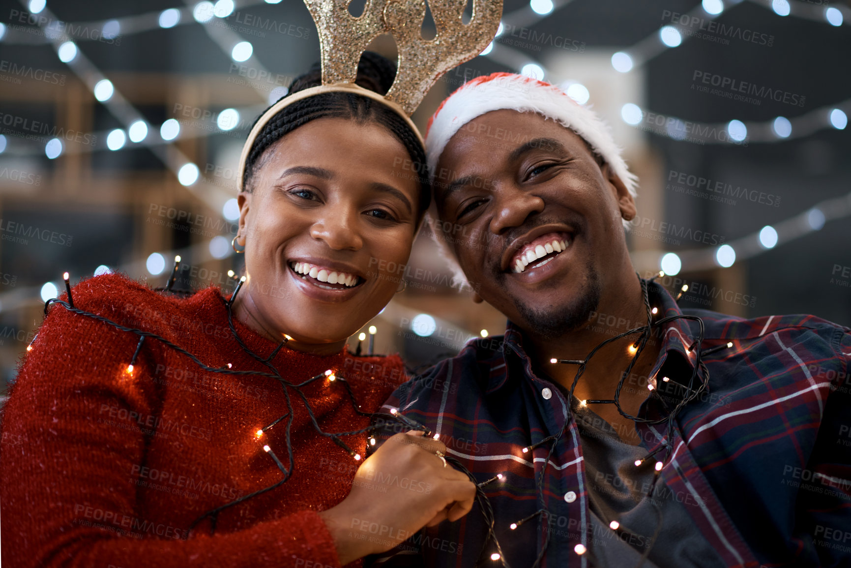 Buy stock photo Black couple, Christmas and portrait smile for happy relationship bonding during festive season in the outdoors. Man and woman hug, smiling and enjoying quality time in celebration with city lights