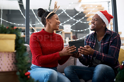 Buy stock photo Gift, couple and christmas celebration on sofa by happy, excited and loving people sharing joy, cheer and giving in their home. black couple, box and gift exchange in a living room, festive and xmas