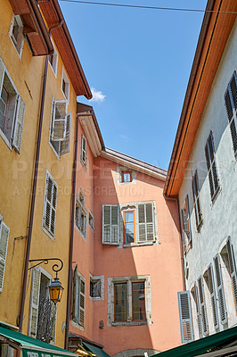 Buy stock photo Annecy, France, July, 17, 2019: Houses and street life in the famous medieval part of the city of Annecy, Department of Upper Savoy, France.