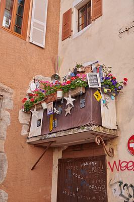 Buy stock photo Annecy, France, July, 17, 2019: Houses and street life in the famous medieval part of the city of Annecy, Department of Upper Savoy, France.