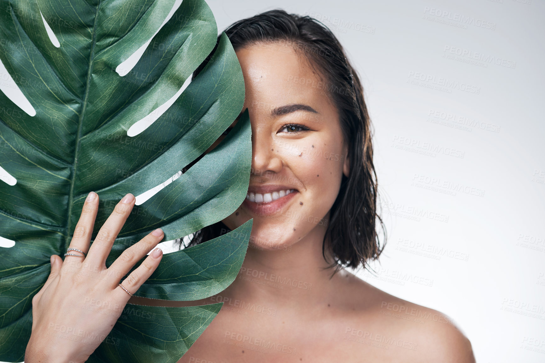 Buy stock photo Studio shot of a beautiful young woman holding a monstera leaf against her face