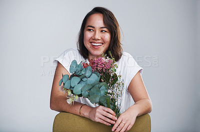 Buy stock photo Bouquet, flowers and asian woman for thinking in studio, surprise and present of plant for valentines day. Smile, female person and gift with floral bunch for anniversary, protea and white background