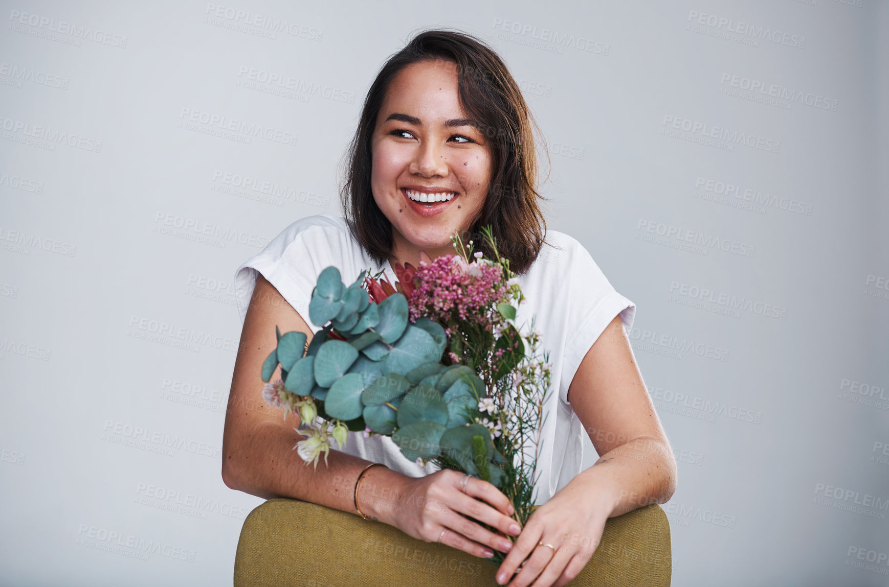 Buy stock photo Bouquet, flowers and asian woman for thinking in studio, surprise and present of plant for valentines day. Smile, female person and gift with floral bunch for anniversary, protea and white background