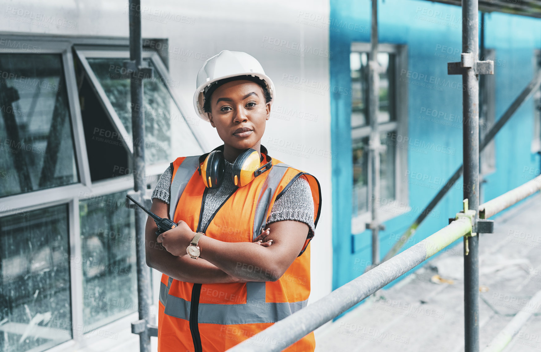 Buy stock photo Portrait of a young woman working at a construction site