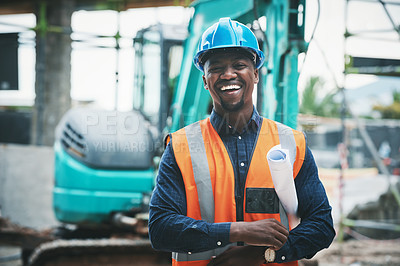 Buy stock photo Portrait of a young man working at a construction site