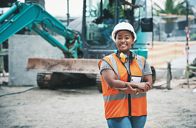 Buy stock photo Happy woman construction worker with a ready to work smile on a job site outside. Portrait of a proud young building development manager about to start working on engineering industrial plans