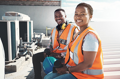 Buy stock photo Portrait, engineer team and black people on coffee break at construction site. Smile, architects and man and woman relax with tea after building project, working or engineering collaboration in city.