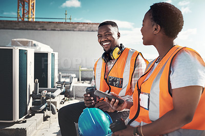 Buy stock photo Portrait, engineer team and people on coffee break at construction site. Smile, architects and black man and woman relax with tea, talk and conversation after building project, working or engineering