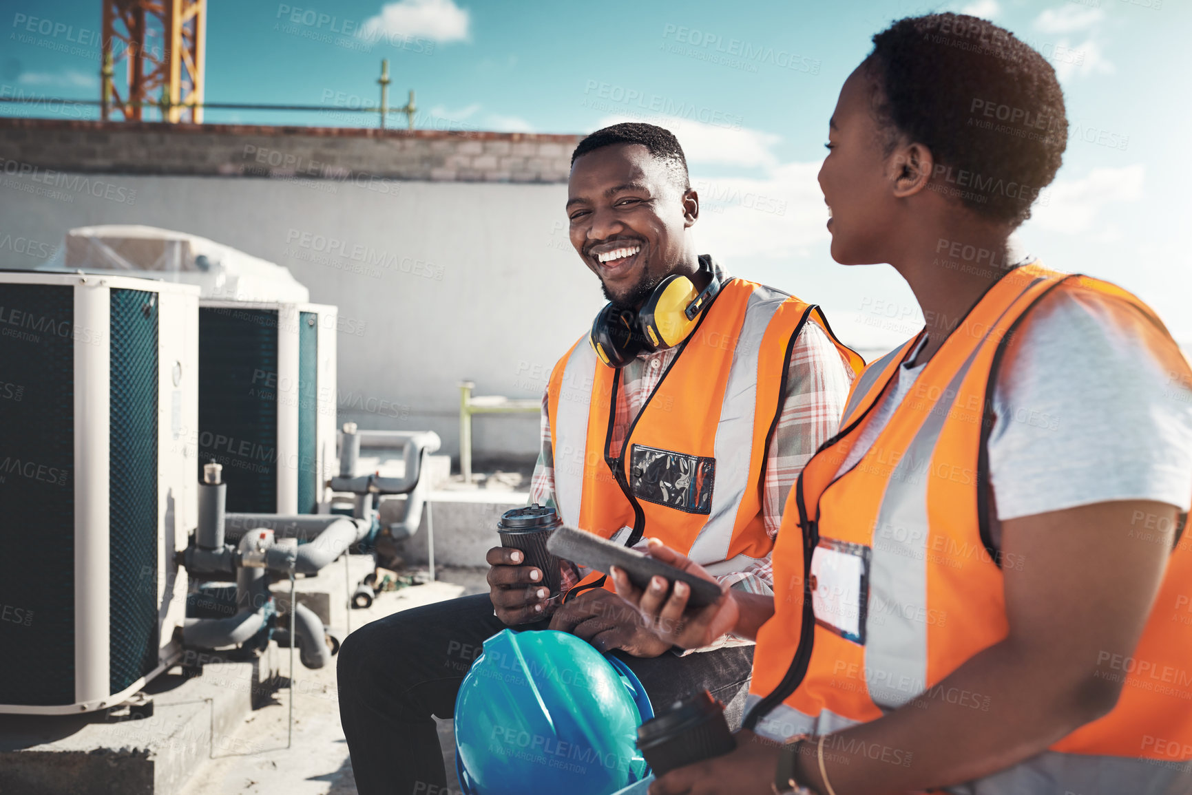 Buy stock photo Portrait, engineer team and people on coffee break at construction site. Smile, architects and black man and woman relax with tea, talk and conversation after building project, working or engineering