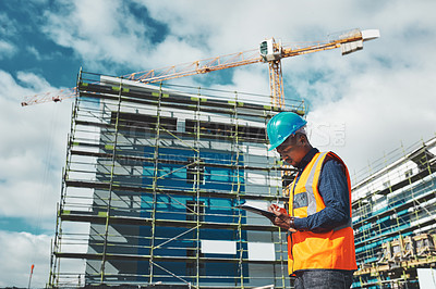 Buy stock photo Engineer, construction and a man with a tablet for project management, development and architecture. Black male contractor with mobile app for engineering and safety inspection or planning outdoor