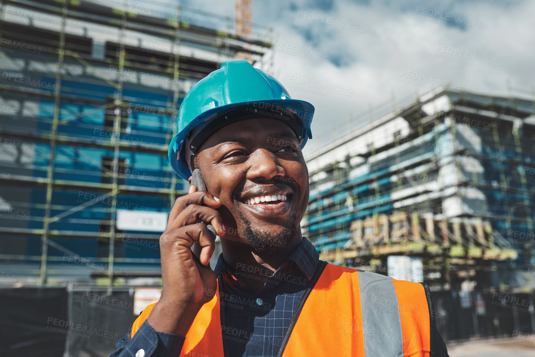 Buy stock photo Black man, phone call and talking at construction site, outdoor and inspector for property plan. Male person, civil engineer and contractor speaking to client, communication app and urban project