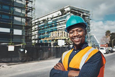 Buy stock photo Construction, engineer and happy portrait of a black man outdoor at building site for development and architecture. Male contractor smile for project management, engineering and safety inspection