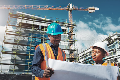 Buy stock photo Construction, engineer or architect team with blueprint for building project, collaboration and architecture. Black woman and man together for engineering, planning and safety discussion outdoor
