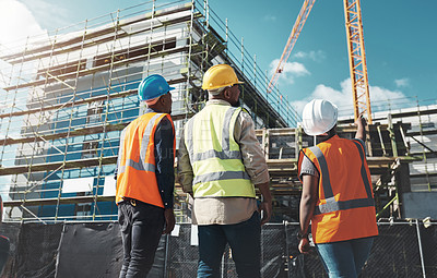Buy stock photo Construction, engineer team and building project with people planning development and architecture. Black woman and men together for project management, engineering and assessment outdoor in city