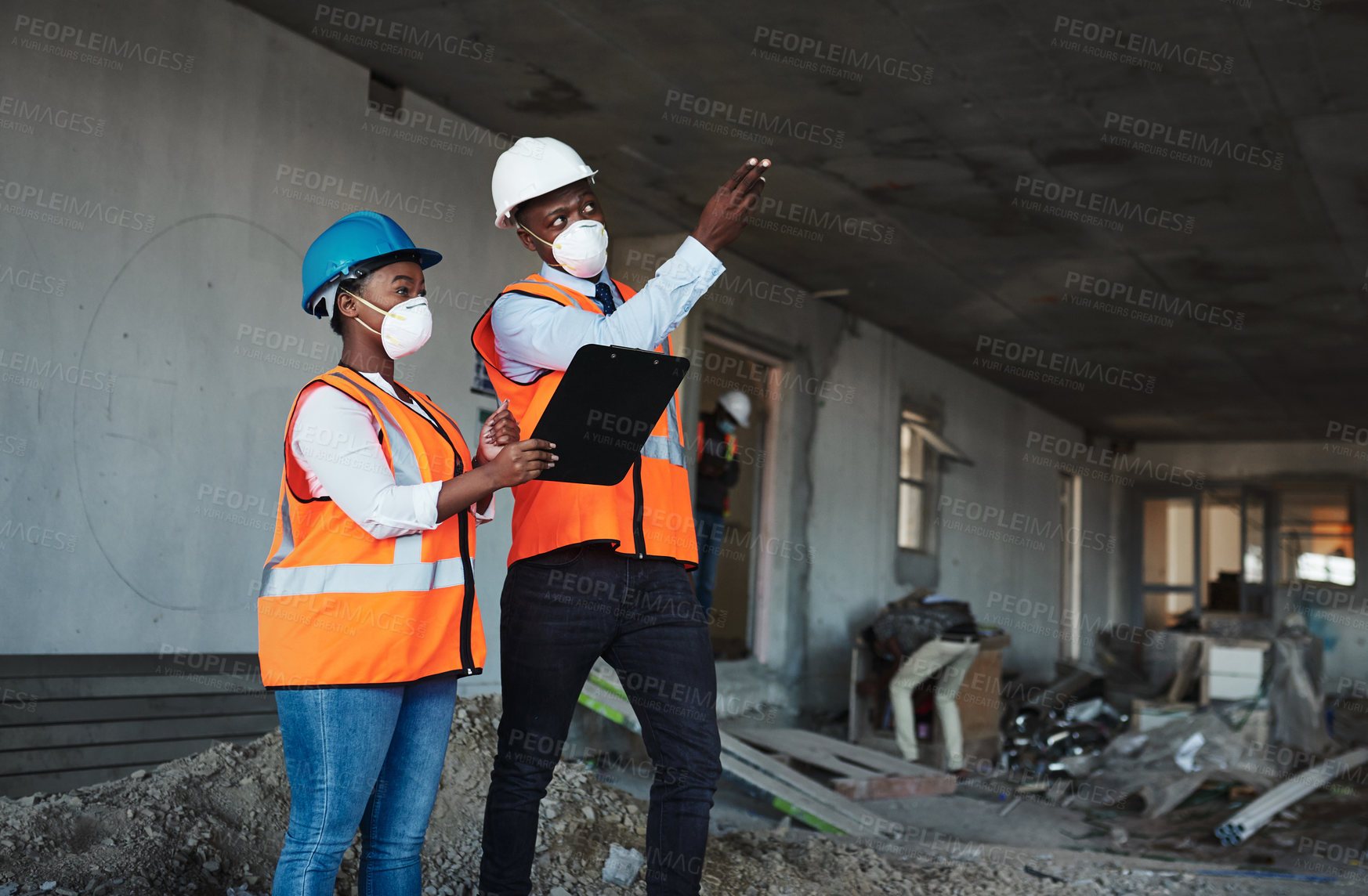 Buy stock photo Construction site, architecture and black people with clipboard for discussion, maintenance and inspection. Engineering, teamwork and manager with face mask for safety, checklist and contractor plan