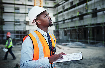 Buy stock photo Black man, civil engineer and inspector with clipboard for construction planning or site layout in city. African, male person thinking or architect with architecture checklist or industrial project