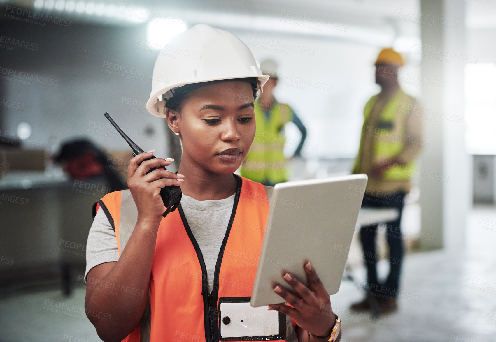 Buy stock photo Woman, radio and tablet in construction site as engineer, supervisor or project manager on property. Female person, technology and safety for communication, industry and development with architecture