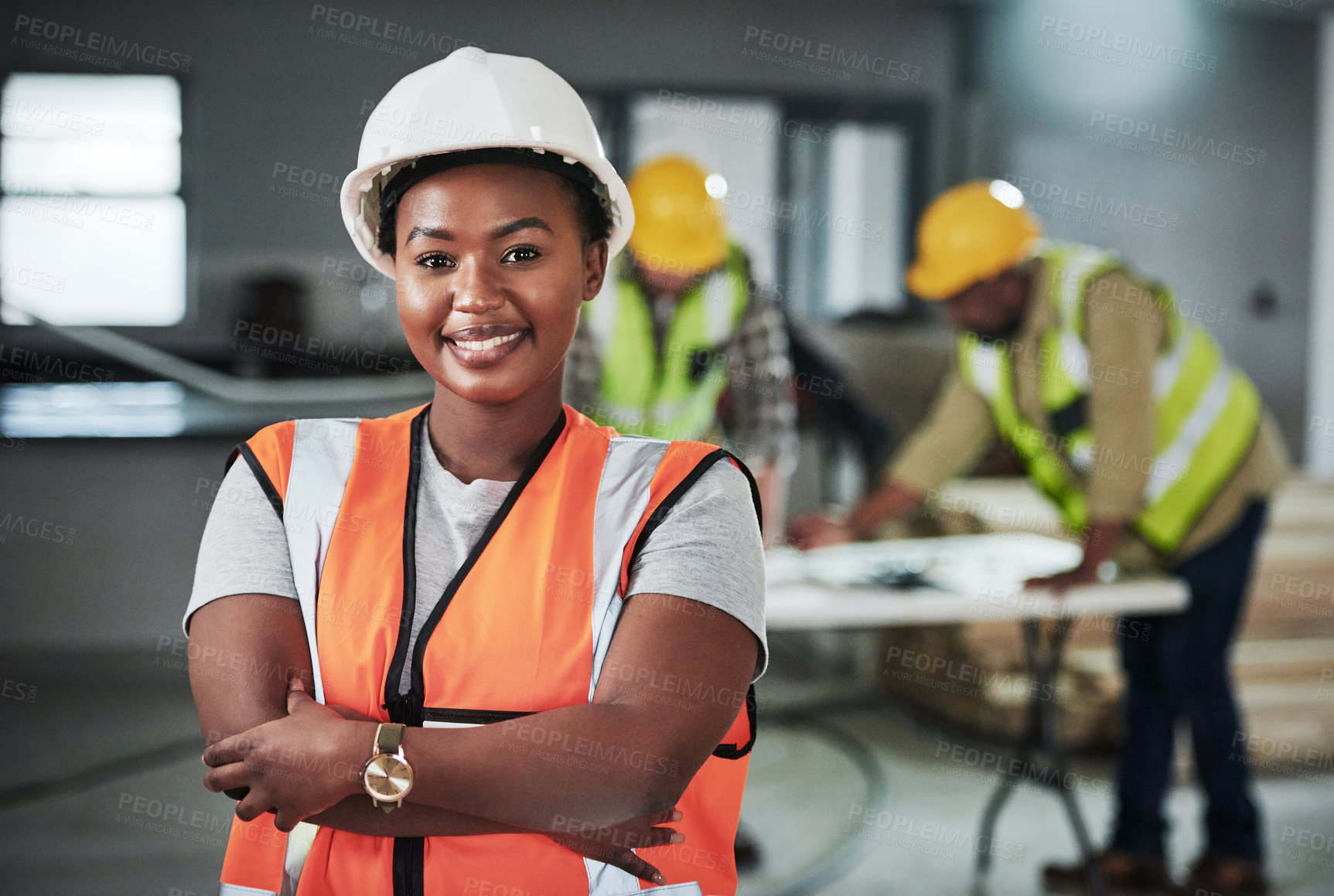 Buy stock photo Woman, pride and portrait in construction site as engineer, supervisor or project manager on property. Female person, smile and safety vest for infrastructure, industry and teamwork with arms crossed