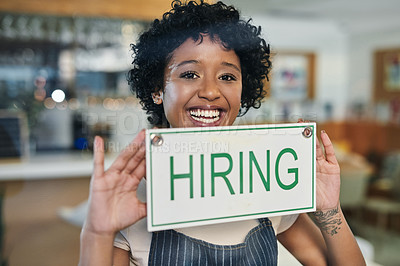 Buy stock photo Happy woman, portrait and hiring sign on window at cafe in small business growth, advertising or billboard. Female person or restaurant recruiter holding board for hire or recruiting at coffee shop